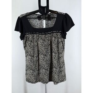 Perception Concept Womens Large Black White Geometric Square Neck Blouse